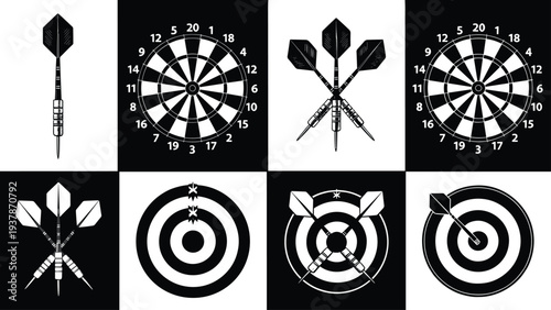 Collection of black and white dartboard and dart icons featuring professional equipment illustrations target symbols and gaming elements for sports competition and leisure recreation designs