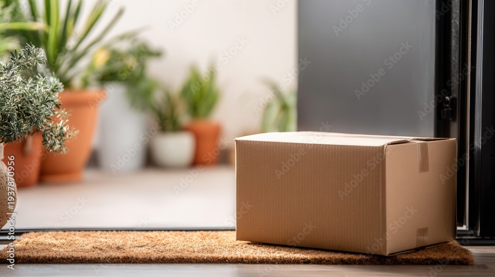 Fototapeta premium Cardboard delivery box left on doormat outside front door with plants in background