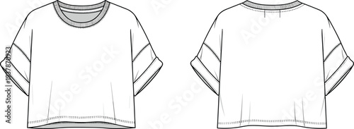 Women's White Oversized Boxy Cropped T-Shirt Vector Flat Sketch Front and Back View Template for Technical Pack and Apparel Design