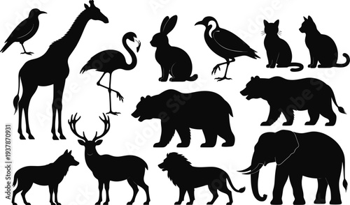 Collection of black animal silhouettes featuring domestic and wild species including cat, bear, lion, elephant, giraffe, deer, flamingo, crow, rabbit, wolf, heron