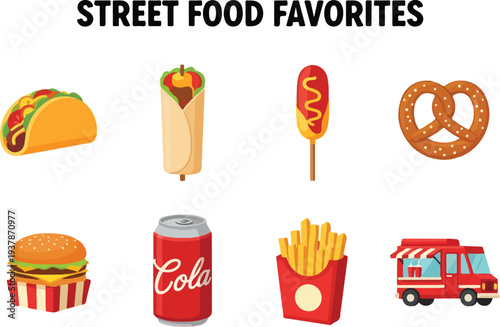 An image shows seven street foods and a truck