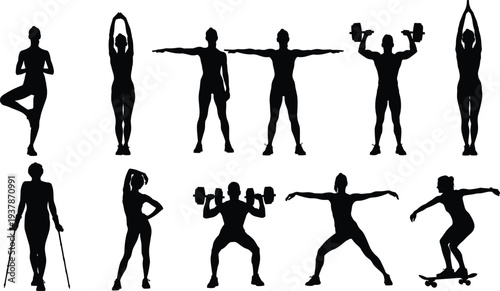 Collection of diverse human silhouettes showing fitness, yoga, stretching, skateboarding, weightlifting, and adaptive movement activities highlighting 