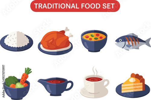 An illustration shows food rice chicken soup fish veggies gravy drink and cake