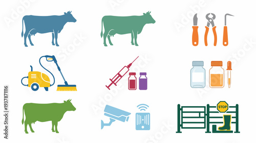 Farm livestock management and security system icons including cows, cleaning equipment, medical supplies, and surveillance technology