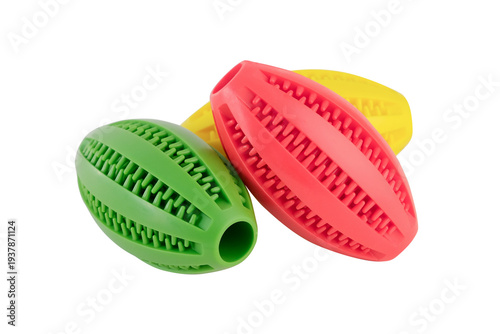 Tableau sur toile three rubber dog toy ball ellipsoid shape with textured ridges and hollow center