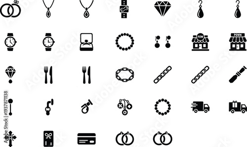 Comprehensive collection of black minimalist jewelry icons featuring rings, necklaces, watches, diamond gems, pawn shop storefronts, delivery trucks, and luxury fashion retail accessory symbols.