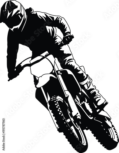 Action packed black and white silhouette of a motocross rider jumping on a dirt bike isolated on a white background for extreme sports graphic design.