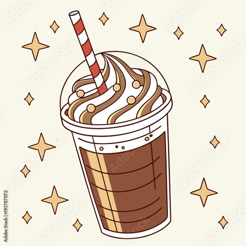 Vector illustration of Sweet Iced Coffee Frappuccino Drink with Whipped Cream and Straw, Fun Cafe Beverage Vector.