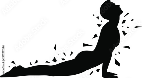 Abstract Black Silhouette of a Man Doing Cobra Yoga Pose with Shattering Effect for Mental Health, Stress Relief, Wellness, and Spiritual Transformation Concept