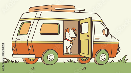 Vector illustration of Happy Dog Sitting Inside an Open Vintage Camper Van Parked on Green Grass