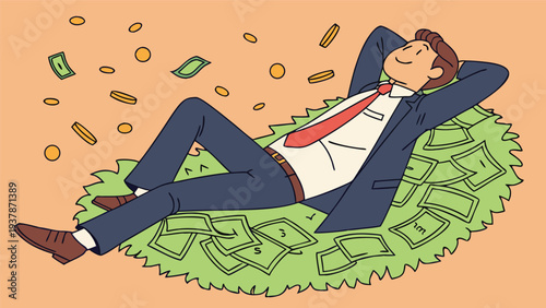 Vector illustration of Relaxed Businessman Lying on a Pile of Money with Coins and Bills Falling Around Him