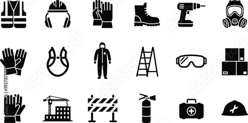Comprehensive Industrial Safety Equipment and Construction Site Icons Featuring Personal Protective Gear PPE Tools and Security Symbols for Occupational Health and Workplace Accident Prevention