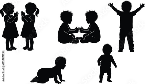Black Silhouette Set of Toddlers and Babies Featuring Crawling Infants Sitting Children and Happy Kids in Playful Poses for Vector Design