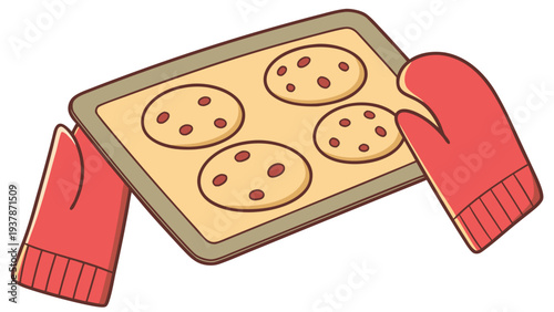 Vector illustration of Freshly Baked Chocolate Chip Cookies on a Tray Held by Red Oven Mitts Cartoon Illustration