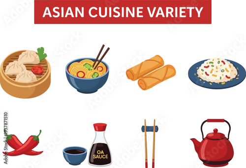Asian cuisine illustration featuring dumplings noodles spring rolls rice chili peppers sauce chopsticks and a teapot