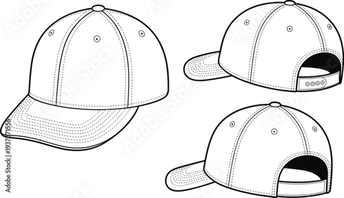 Detailed black and white line drawing illustration of baseball cap design showing front, rear, and side perspectives with stitched panels, snapback closure, and curved brim.