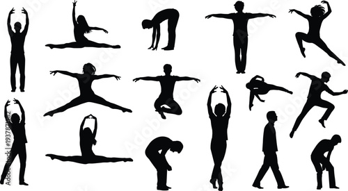 Dance and Fitness Silhouettes Collection of Men and Women Performing Ballet, Stretching and Dynamic Poses Isolated on White Background
