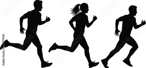 Running Silhouettes Set of Male and Female Joggers in Motion Isolated on White Background Fitness and Sports Illustration