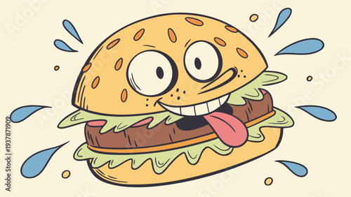 Vector illustration of Funny Cartoon Hamburger Character with Crazy Eyes and Tongue Out, Splashy Fast Food.