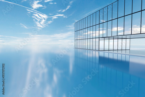 Modern glass building over water with minimal architecture