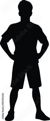 Full Body Silhouette of Confident Young Man Standing with Hands on Hips Wearing Sports T-shirt and Shorts Isolated on White Background for Design