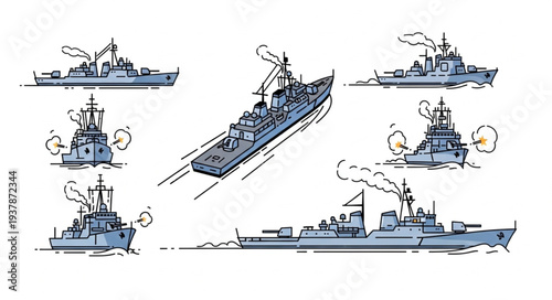 Collection of Naval Warships at Sea.