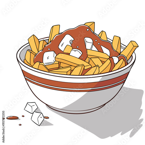 Vector illustration of Classic Canadian Poutine with French Fries, Gravy, and Cheese Curds in a Bowl.