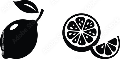 Fresh whole lemon with leaf and sliced citrus fruit segments minimalist black and white vector icon set for organic food logo and kitchen design