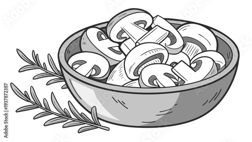 Vector illustration of Sliced White Mushrooms in a Bowl with Fresh Rosemary Herbs, Monochrome Outline Illustration.