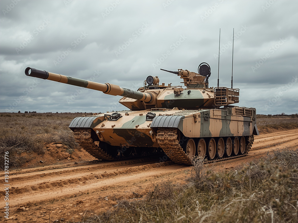 Fototapeta premium Modern Military Tank with Crew in Action on a Dirt Road in a Desert Landscape with Cloudy Sky