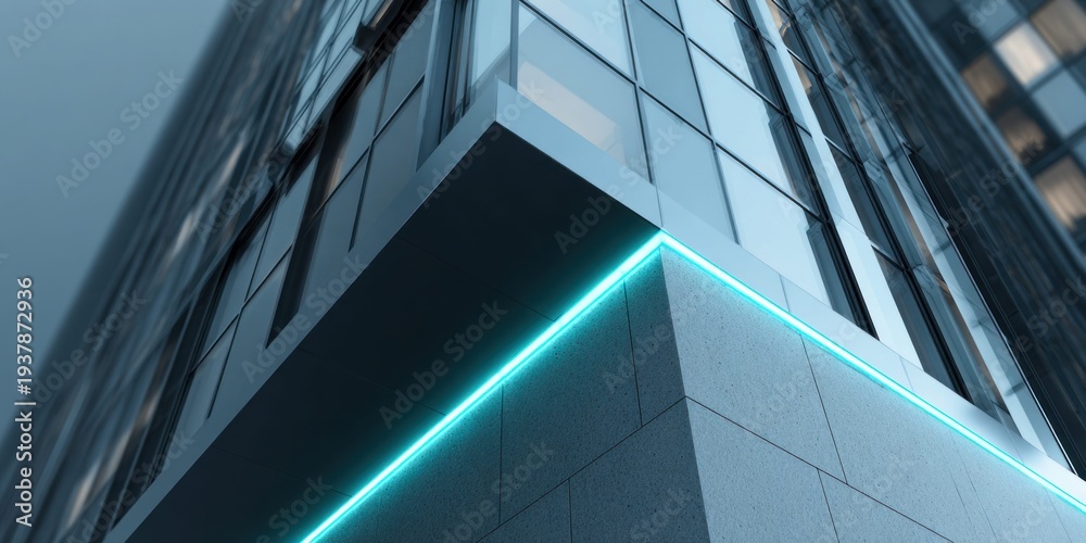 Obraz premium Modern skyscraper corner with blue neon light accent and glass facade