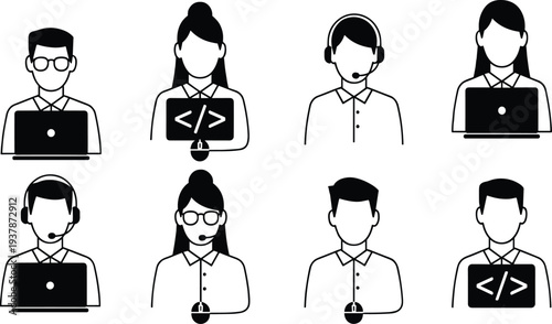 Professional diverse vector avatar icons set featuring customer support agents with headsets and computer programmers coding on laptops for remote work  