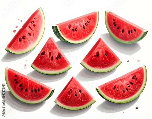 A colorful arrangement of sliced watermelon on a white background