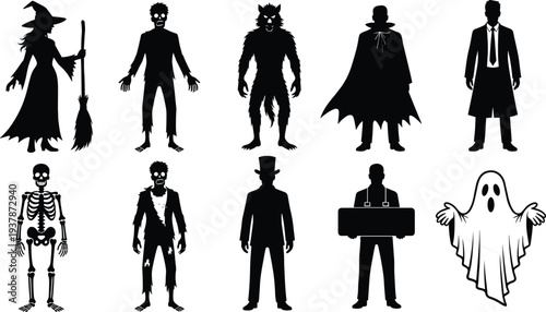 Halloween Horror Character Silhouette Set, Witch Zombie Werewolf Vampire Ghost Skeleton Collection, Scary Gothic Monster Figures Isolated on White Background Vector Illustration