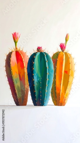 A colorful arrangement of three cacti with vibrant flowers on top