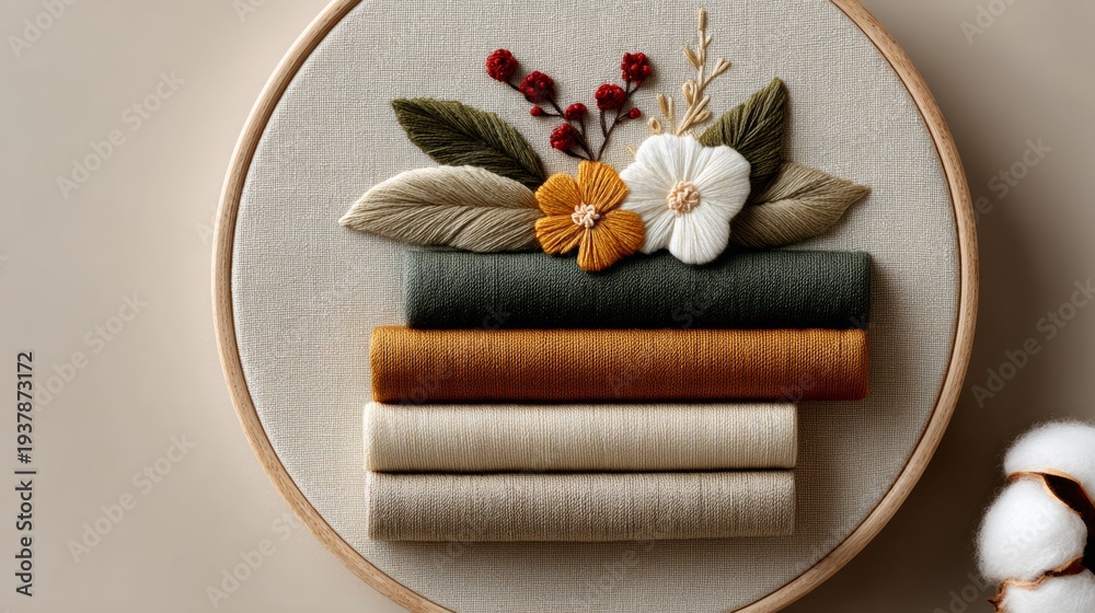 Fototapeta premium Embroidered floral design featuring stacked fabric rolls in earthy tones with decorative flowers and leaves on a circular wooden frame against a neutral background