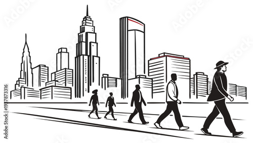 Vector illustration of Urban Cityscape with Diverse People Walking on a Street in Front of Skyscrapers Silhouette