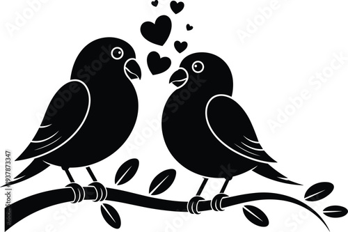 Romantic love birds silhouette on branch with hearts, cute couple bird illustration, Valentine romance nature vector design