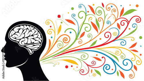 Vector illustration of Creative Brain with Colorful Swirls and Dots representing Abstract Idea Generation and Thought Process.