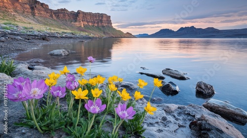 Scenic view of colorful flowers by the water against a backdrop of rocky cliffs at twilight