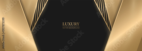 Elegant luxury design. Refined gold trimmed hexagon with reflective surface and symmetry. Luxurious dark hexagon shape surrounded by shimmering gold accents perfect for branding or invitations