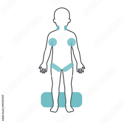 子供の熱中症の応急処置で冷やす部位を示した人体図（文字なしベース素材）