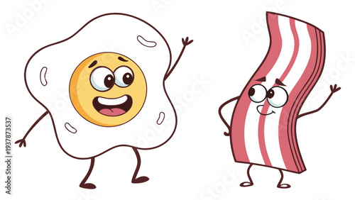 Vector illustration of Happy Cartoon Fried Egg and Bacon Characters Waving. Fun Breakfast Food Illustration.
