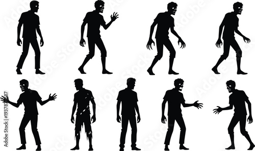 Zombie Silhouette Set Collection, Creepy Undead Walking and Standing Poses, Scary Halloween Horror Characters Isolated on White Background, Dark Gothic Vector Illustration