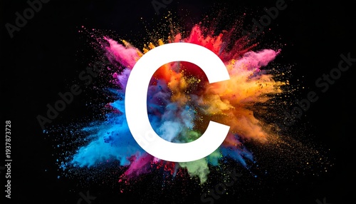 A colorful explosion of powder forms a white letter