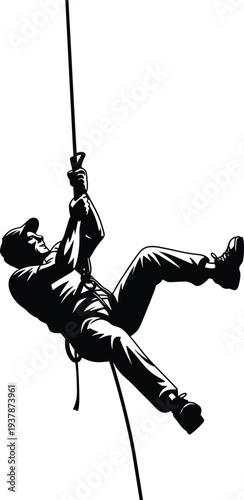 Black and white illustration of a brave climber rappelling down a rope or ascending a cliff face representing extreme sports adventure and outdoor challenge