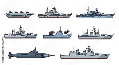 Collection of Various Naval Warships and Submarine.