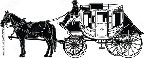 Vintage horse drawn carriage stagecoach with driver, classic Victorian transport wagon isolated black and white vector illustration of historical travel coach antique transport design