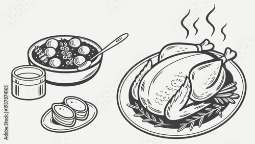 Vector illustration of Delicious Traditional Roasted Chicken Dinner with Steaming Stew and Bread Sides, Engraving Style