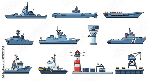 Collection of Various Navy Ships and Maritime Icons.